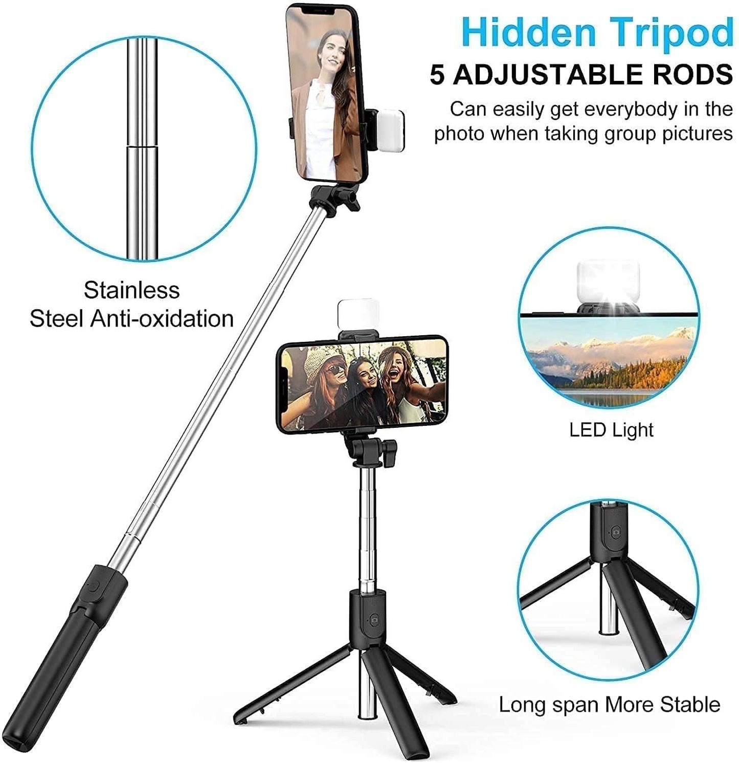 Extendable Flash 3-in-1 Selfie Stick Tripod with Bluetooth Remote - Aesthetic Electronics